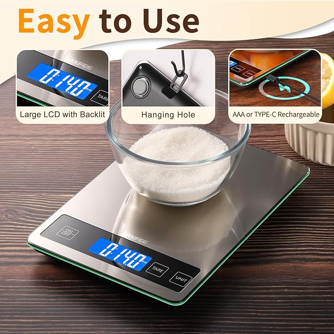 Food Scale, 33lb Digital Kitchen Scale with Stainless Steel & Tempered Glass, USB Rechargeable, 1g / 0.05oz Precise Graduation, Waterproof and Sturdy Surface, for Cooking, Baking, Weight Loss