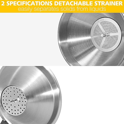 Anaeat Stainless Steel Kitchen Funnel, Multi-Use Premium Metal Food Grade Cooking Funnels with 2 Removable Strainer Filter for Transferring Liquid or Dry ingredients, Oils & 1 Pc Cleaning Brush (5.0")