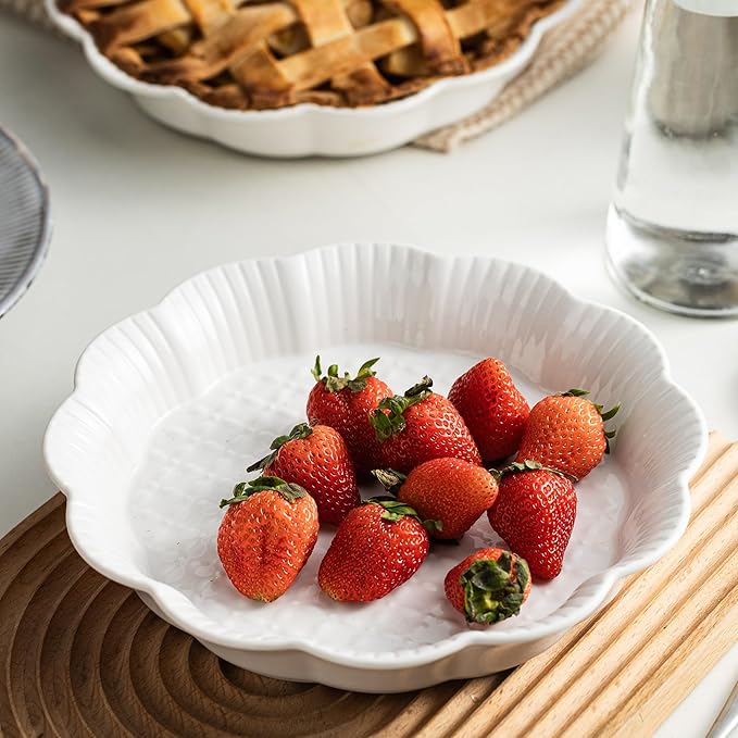Pie Pan for Baking 9 Inch, Ceramic Pie Dish, Non-Stick Round Baking Dish, Porcelain Plates with Ruffled Edge| Microwave, Dishwasher, and Oven Safe (2PCS)