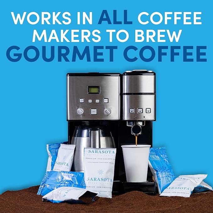Sarasota Coffee Ground Packets | Colombian Medium Roast | Bulk Packs | Gourmet Columbian Low Acid Mold Free Singles Individual Pouches for 12 Cup Coffee Maker | 1.75 Ounce Bags, 100 Count