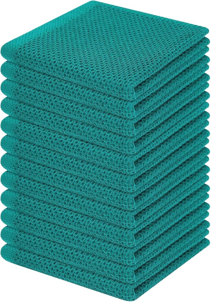 Homaxy 100% Cotton Waffle Weave Kitchen Dish Cloths, Ultra Soft Absorbent Quick Drying Dish Towels, 12 x 12 Inches, 12-Pack, Teal