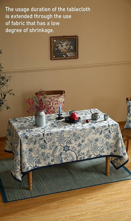ISAENNE Designer French Linen Small Rectangular Tablecloth,Blue Floral Washable Indoor Table Cloth,Durable Home Decor Tablecloths for Dining Thanksgiving Kitchen Party Christmas,55"*71"-Ruyi B