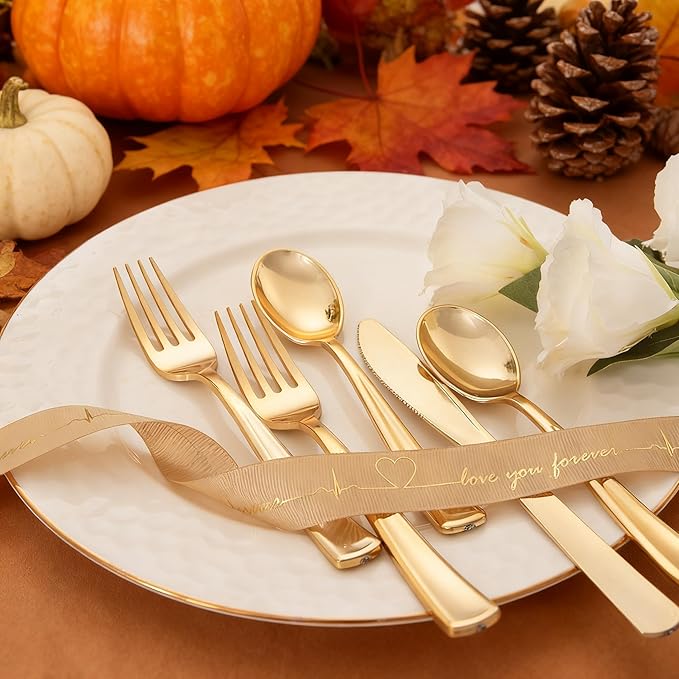 WDF 500PCS Gold Plastic Silverware Set Disposable - Gold Cutlery Set Plastic - 250Forks, 125 Spoons, 125 Knives for Thanksgiving Party, Birthday, Wedding
