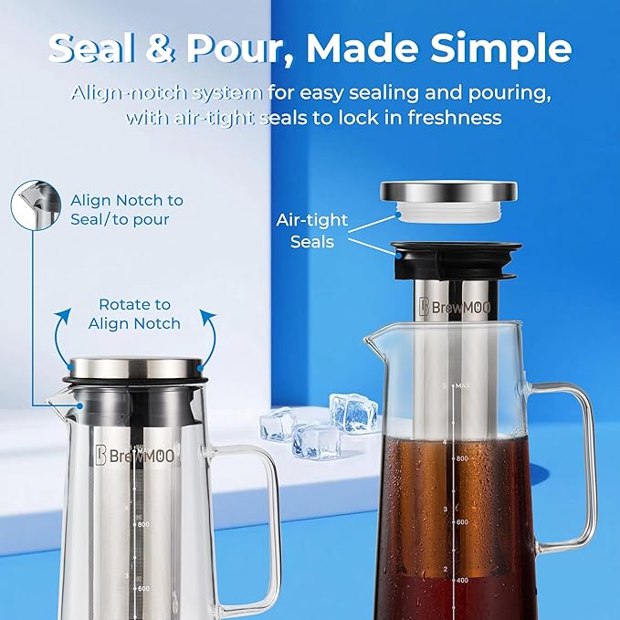 Cold Brew Coffee Maker, 1.0L/34Oz Cold Brew Pitcher | Ice Tea Maker with Airtight Glass Carafe, Filter, Non-Slip Base, Comfort Handle, Wide Spout (Grey)
