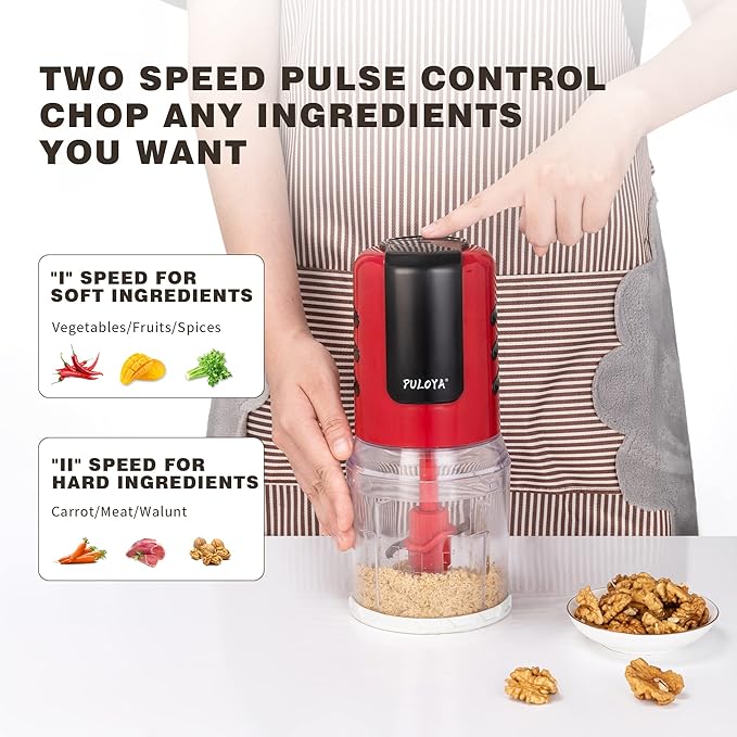Mini Prep Food Processor 2 Cup Small Electric Food Chopper 2 Speed for Vegetables, Meat, Fruits and Nuts with 4 Stainless Steel Blades, 400-Watt, Red