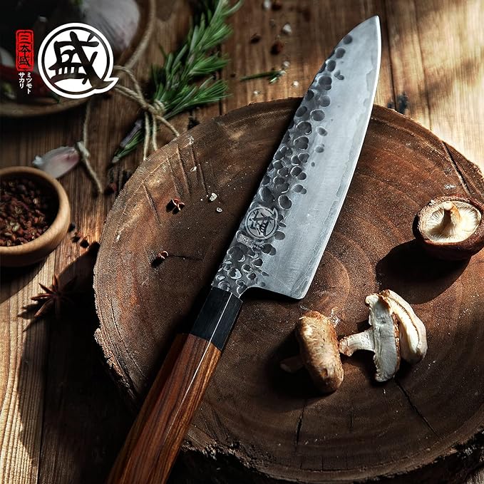 MITSUMOTO SAKARI 8 inch Gyuto Chef Knife, Japanese Hand Forged Kitchen Chef's Knives, 3-Layer 9CR18MOV High Carbon Steel, Rosewood Handle & Sandalwood Box