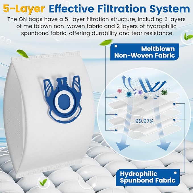12 Pack 3D Airclean GN Vacuum Bags Compatible with Miele Classic C1, Complete C1, Complete C2, Complete C3, S227 S240, S270, S400, S2, S5, S8 Series Canister Vacuum Cleaner