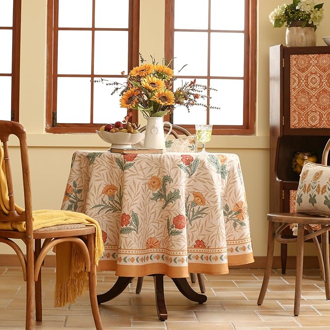 patdrea Designer Small Yellow Floral Linen Table Cloth for Round Table,Durable Breathable Tablecloth,Fall Dacorative for Kitchen Dining,Holiday Christmas,Thanksgiving,Diameter 55"-Cornflowers