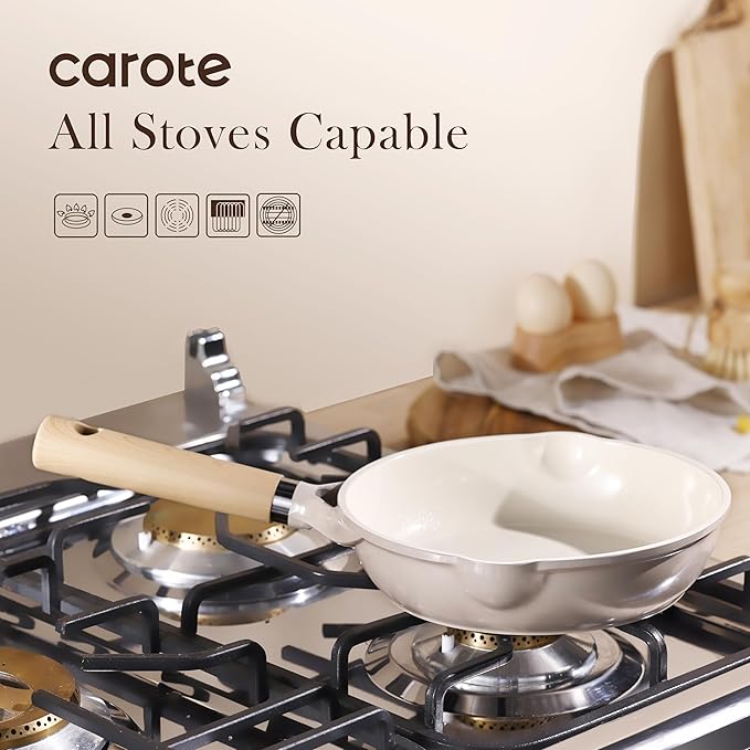 CAROTE 8" Ceramic Frying Pan Skillet, Non Stick Frying Pan Chef's Pan, Healthy & PFOA/PFAS Free, Induction-Compatible, Taupe