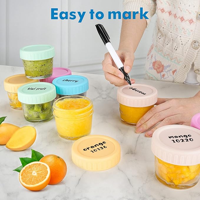 WILLDAN Glass Baby Food Storage Jars w/Lids (4 oz, 12 Pack Set) Snack, Puree, Reusable Small Containers, Breast Milk, Fridge or Freezer, Microwave & Dishwasher Safe, Essential Must Have for Infants