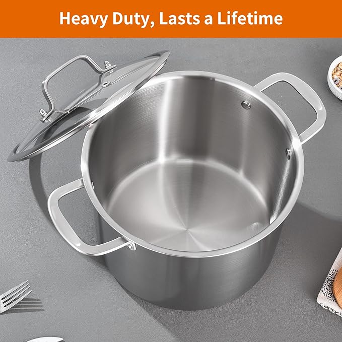 DELARLO Tri-Ply Stainless Steel 8 Quart Stock Pot, Heavy-Duty, All Stove Compatible, Up to 600℉ Soup Pot with Lid, 18/10 Induction Big Stockpot with Lids, Large Stainless Steel Induction for Cooking