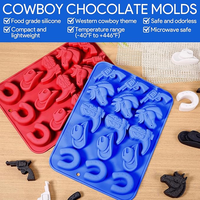 2 PCS Cowboy Chocolate Molds, Cowboy Hat, Boots, Saddle Shaped Cakesicle Molds Silicone, Western Party Theme, For Cupcakes, Cake Pops, Jellies, Chocolates, Candies(Blue,Red)