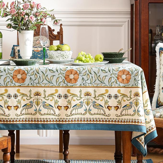 patdrea Designer French Linen Blue Tablecloth for Sqaure Table,Vintage Floral Table Cloth,Colorful Decoration Small Cover Kitchen Dining for Tea Party,Thanksgiving,Christmas,67"x67"-Wensel