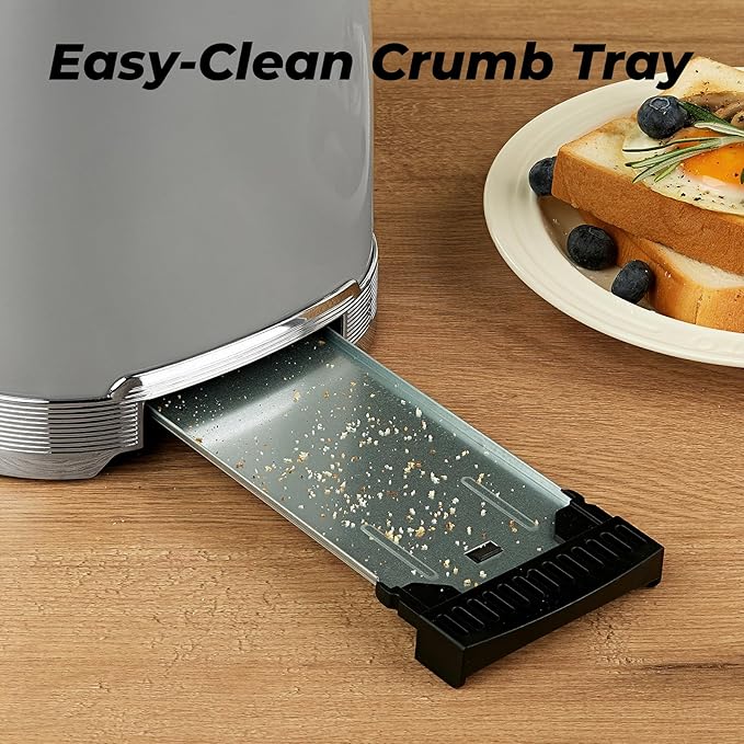 Toaster 2 Slice Retro Stainless Steel with 1.5” Extra Wide Slots Bagel, Defrost, Reheat, Cancel Functions, 6 Bread Shade Settings, Removable Crumb Tray, Gray