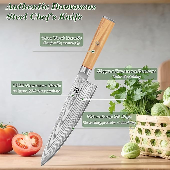 Damascus Chef Knife, 8 Inch Damascus Japanese Chef's Knife with VG10 High Carbon Steel, Professional Kitchen Knife with Olive Wood Handle & Gift Box, Sharp Cooking Knives for Home Kitchen Gift Idea