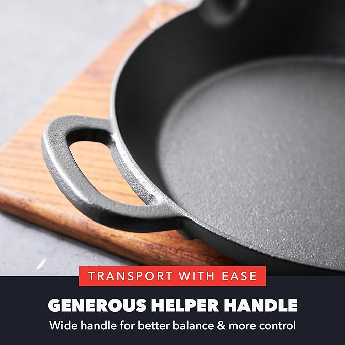GreenPan x Bobby Flay 10” Cast Iron Pre-Seasoned Skillet with Helper Handle, Professional Grade Heavy Duty, Induction, Pour Spouts, Versatile Stovetop, Oven, BBQ Grill Fire, Indoor/Outdoor Use, Black