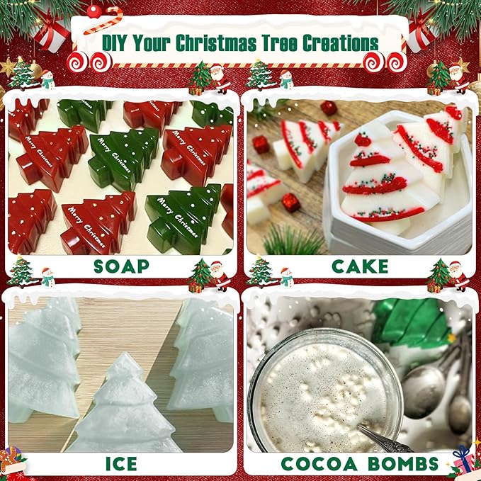 Christmas Tree Silicone Molds 2PCS for Soap Chocolate Candy Cake Cocoa Bomb Bath Bomb Ice Candle Food, 3D Xmas Themed Treat Baking & Freezing Tray BPA Free Food Grade Holiday Moulds