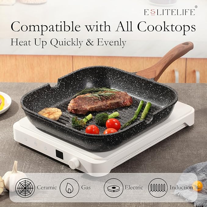 ESLITE LIFE 11 Inch Nonstick Grill Pan with Lid for Indoor Cooking, Versatile Induction Square Large Grilling Skillet Steak Pan for Stove Tops, PTFE & PFOA Free, Black