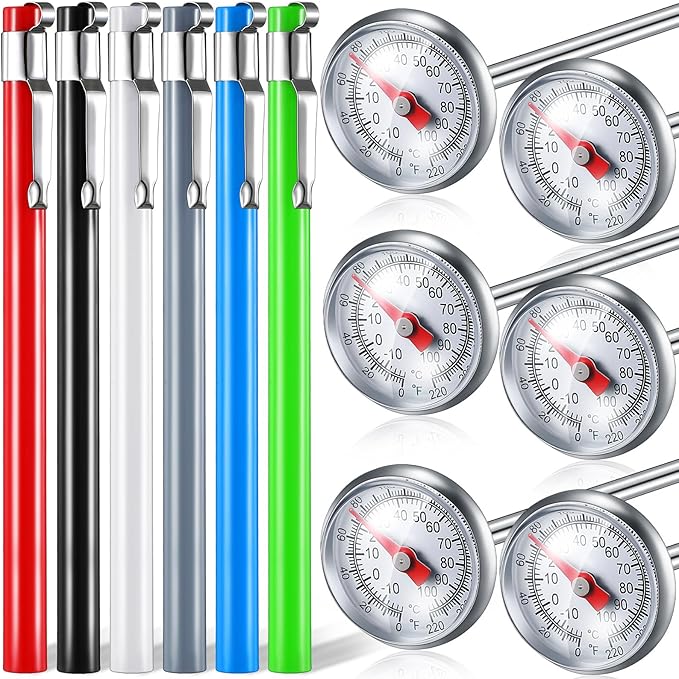 Xuhal 6 Pcs Stainless Steel Kitchen Thermometer with 5 Inch Long Stem 1 Inch Dial Thermometer Milk Frothing Food for Oven Probe Meat Grill BBQ Cooking Chocolate Water(Multicolor)