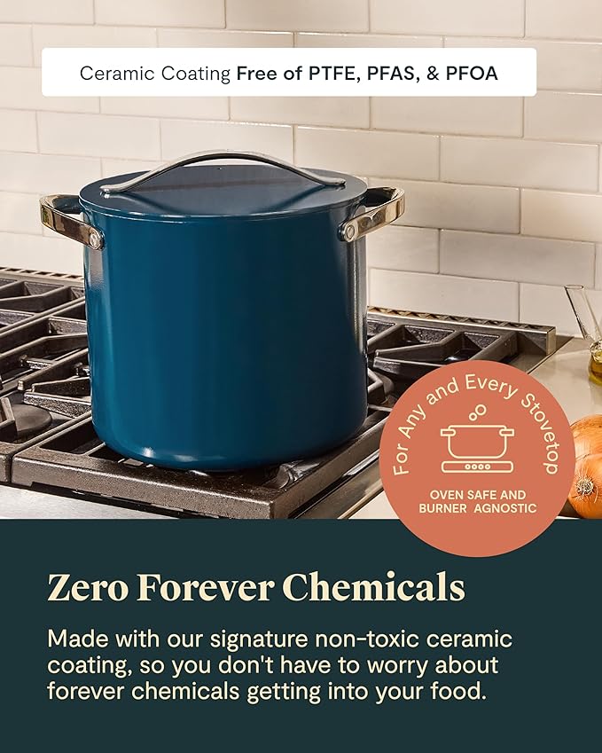 Caraway Stock Pot - 12 Qt Ceramic Coated With Lid - Free From Forever Chemicals - Large for Bigger Batches - Cream