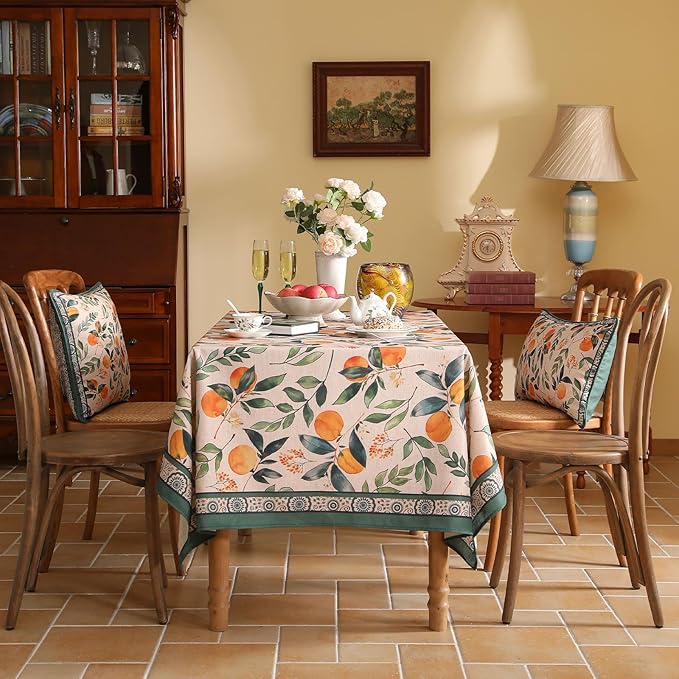 patdrea Designer Vintage Linen Rectangle Table Cloth,Framhouse Oranges and Leaves Pattern French Tablecloth,Fall Decor Cover for Kitchen Dining Christmas,Thanksgiving,55"x87"-Palladin a