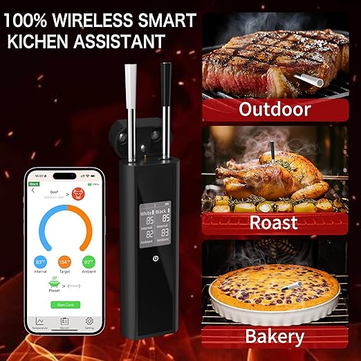 Niitawm Wireless Meat Thermometer, Smart Bluetooth Food Thermometer with Dual Probes, IP67 Waterproof 48H Monitoring App Thermometer for 820FT Long Range BBQ Air Fryer, Oven Grill, Cooking Gift