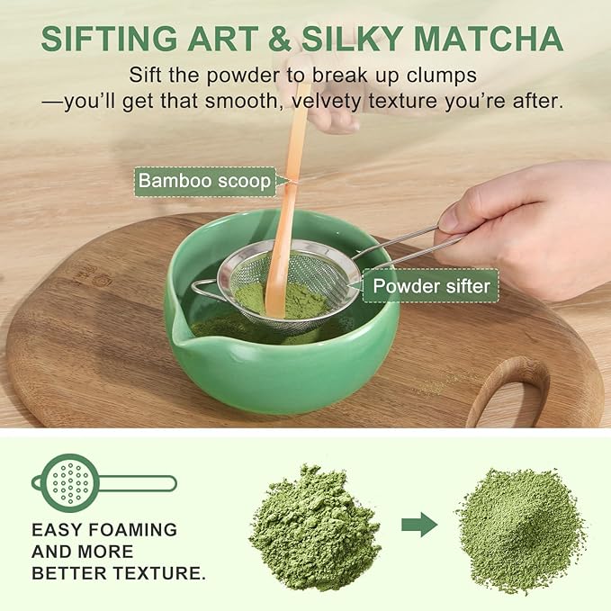 5Pcs Matcha Whisk Set, 18OZ Matcha Bowl With Thoughtful Spout, 100% Natural Bamboo Whisk, Ceramic Whisks Holder, 304 Stainless Sifter, Tea Scoop, Tea Spoon, Gift for Matcha Lovers Beginner