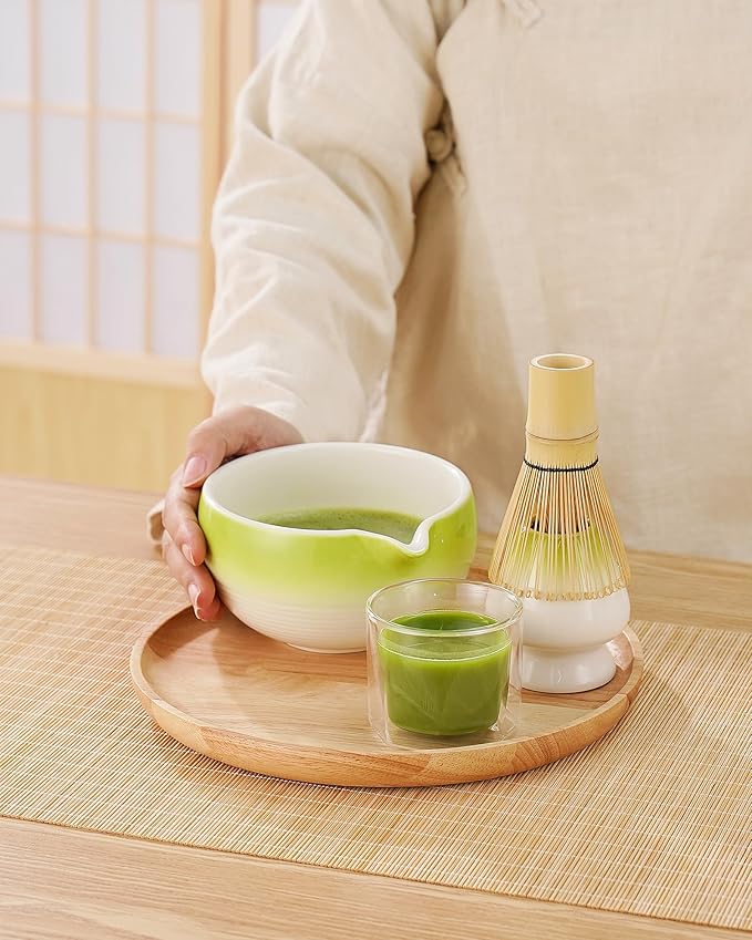 ZENS Matcha Whisk Set, 5pcs Matcah Kit Includes Ceramic Bowl with Spout, Handcrafted Bamboo Whisk, (Chasen) Holder, Scoop & Tea Mat, Matcha Set Gift for Tea Ceremony, Green
