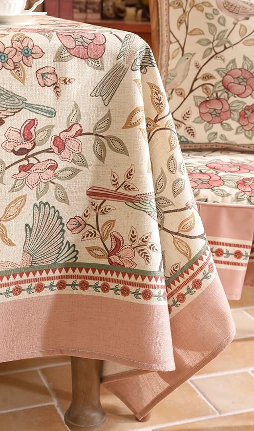 patdrea Designer Pink Linen Table Cloth for Rectangle Table,Vintage Floral with Birds Pattern Decorative Tablcloth,French Table Cover for Kitchen Dining,Thanksgiving,Christmas,63"x102"-Kulom a
