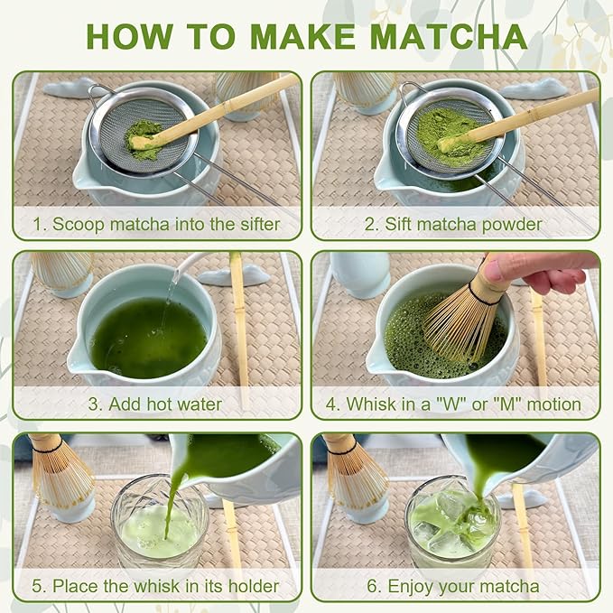 7-Piece Matcha Set–Traditional Japanese Tea Kit with Matcha Bowl, Bamboo Whisk, Ceramic Holder, Scoop, and Sifter–Perfect for Tea Ceremonies&Gifts for Matcha Lovers (Mountain Relief-Celadon)