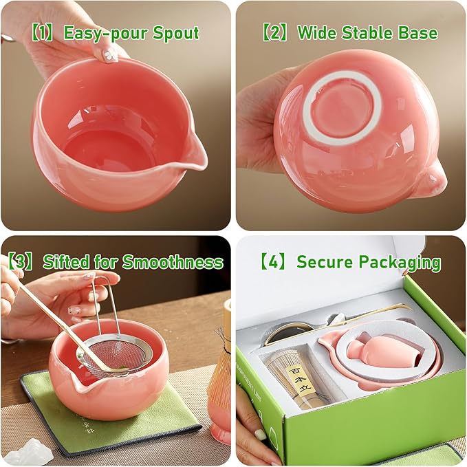 Matcha Whisk Set, Ceramic Matcha Set with Spout, Matcha Bowl Kit with Sifter, Whisk and Holder, Bamboo Scoop, Scoop Rest, Tea Towel, 7 Pcs Matcha Kit Set for Making Breakfast/Latte for Matcha Lovers