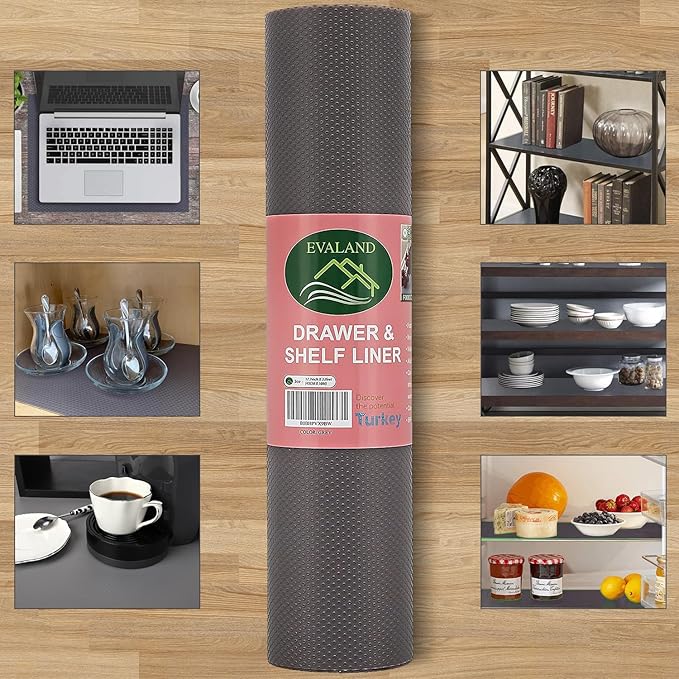 EVALAND 17.7" x 33 FT Non-Slip Shelf Liner, Non-Adhesive, BPA-Free, Waterproof Pantry Liner for Shelves, Easy to Cut, Oil-Proof Shelf Liners for Kitchen, Cabinets, Drawers, Refrigerator, Grey