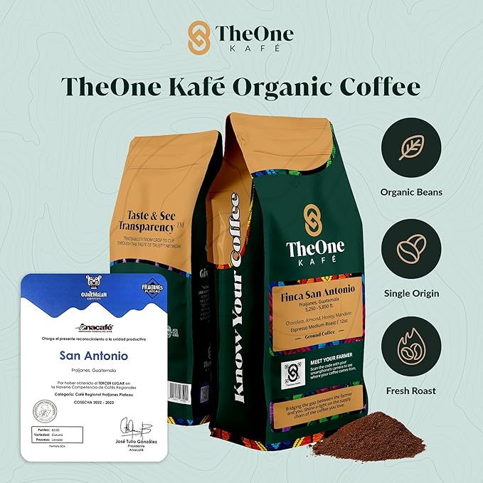 TheOne Kafé Guatemala Medium Roast Ground Coffee – Organic, Single Origin, Premium Specialty Coffee and Ethically Sourced – Fresh Roasted for Espresso, Drip, Pour Over – 12 oz (Pack of 2)
