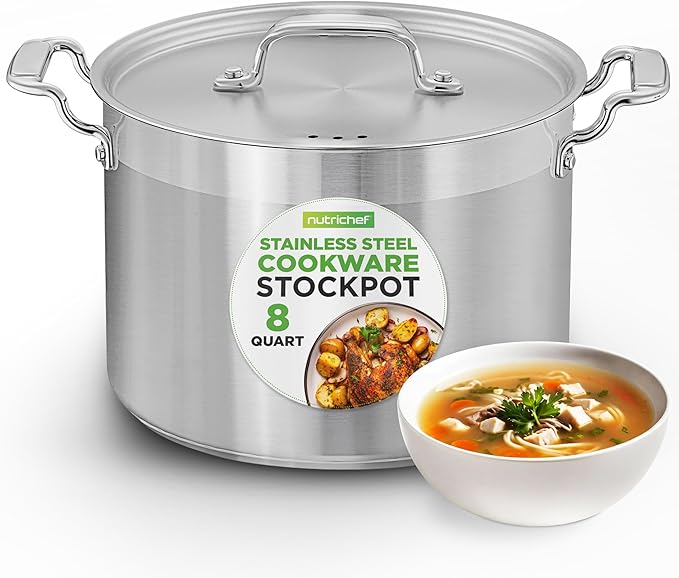 NutriChef 8 Qt Heavy-Duty Stockpot with Stainless Steel Lid - Induction Compatible Cooking Pot, Ideal for Soups and Stews