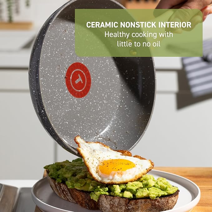 T-fal Revive Ceramic Nonstick Frying Pan with Lid, 6 Qt, Oven Safe to 350°F Cookware, Skillet Pots and Pans, Grey Granite