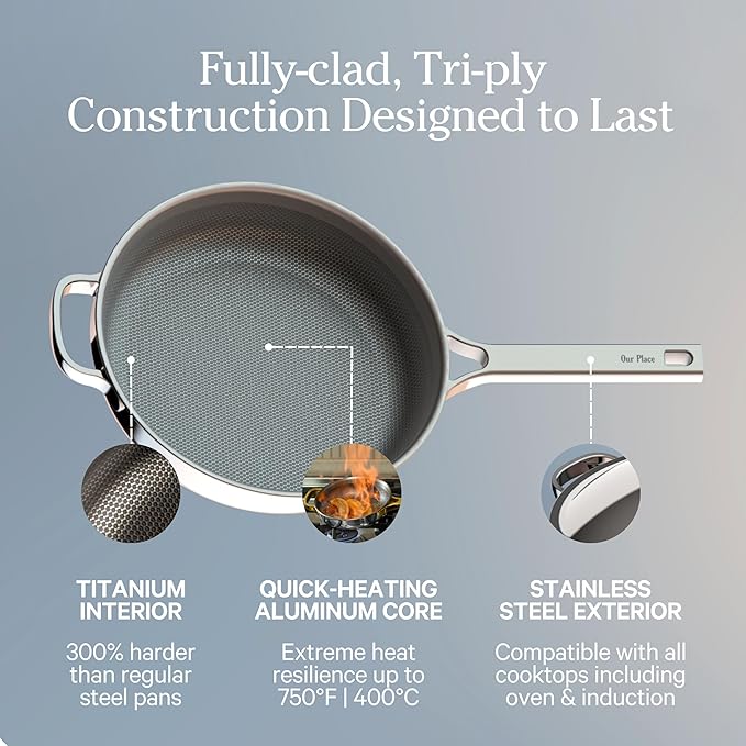 Our Place Titanium Large Always Pan Pro - 12.5” (4.2 Qt) No-Coating Nonstick Skillet | Tri-Ply Titanium & Stainless Steel | Safe for Oven, Induction & Cooktops up to 750°F | Includes Spatula | Gold