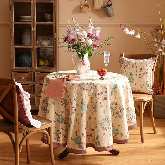 patdrea Designer Beige Tablecloth for Round Table,Vintage Italian Linen Trees Pattern Table Cloth,Decor Cover for Kitchen Dining Christmas,Thanksgiving,Tea Party,Diameter 55"-Tatiana a