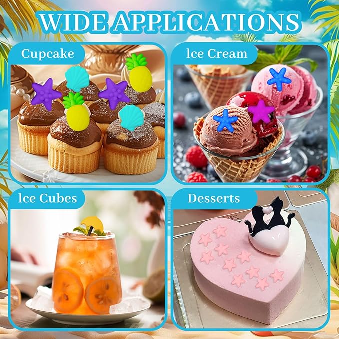 2 Pcs Summer Beach Theme Silicone Molds with 2 Droppers and 1 Brush, Silicone Pineapple Castle Sun Starfish Shell Chocolate Candy Mold for Summer Party Marine Baking Mold