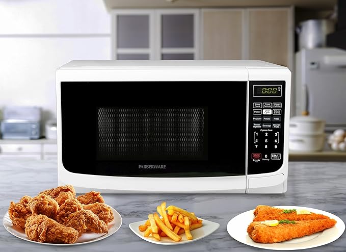 Farberware Countertop Microwave Oven 700 Watts Power Auto Cook Settings, Defrost, Easy Clean and Child Safety Lock, 0.7 Cu. Ft, White