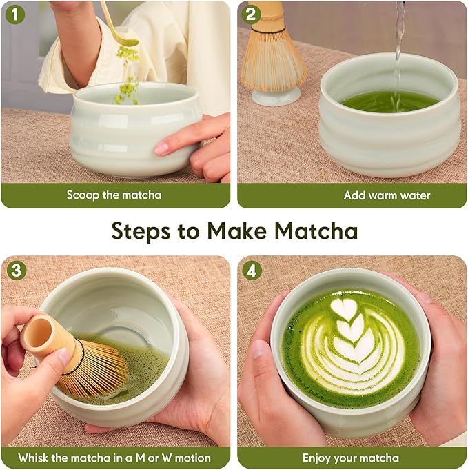 Matcha Whisk Set – Ceramic Matcha Set with Matcha Bowl, Matcha Whisk & Holder, Bamboo Scoop, Tea Towel – 5-Piece Japanese Matcha Kit for Matcha Lovers, Beginners & Gifting (Gray, 20oz)