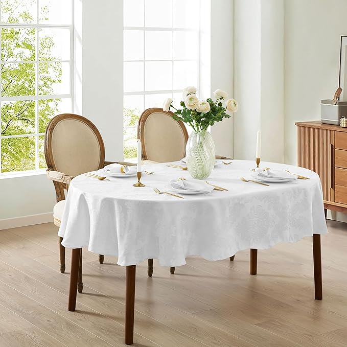 Newbridge Barcelona Luxury Damask Fabric Tablecloth, 60” Wide x 120” Oval, White, 100% Polyester, No Iron, Soil Resistant Dining Room, Party and Banquet Table Cover