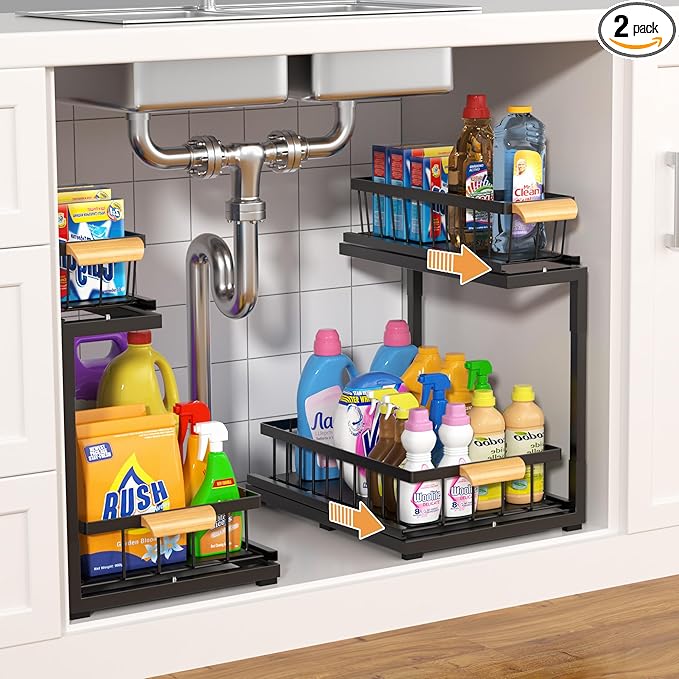 Under Sink Organizer, 2-Tier Metal Pull Out Cabinet Organizer Shelf Kitchen Bathroom Organizers and Storage with Sliding Drawer Undersink Pantry Cabinet Closet