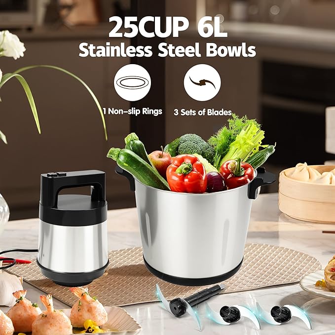 Large Food Processor Meat Grinder - Electric Chopper for Ice,Yam,Vegetable&Food Blender,1200W Powerful Copper Motor - Includes 3 Sets of Bi-Level Blades and 1Bowl 25Cup/6L