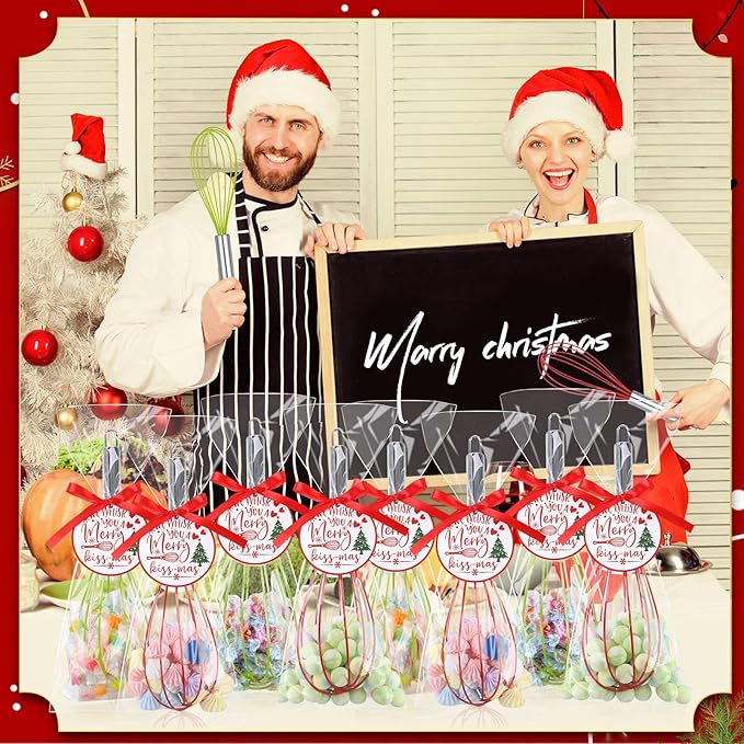 12 Sets 10 Inch Christmas Whisks Gifts DIY Fillable Christmas Tree Ornaments Xmas Colored Silicone Whisks for Cooking Heat Resistant Egg Beaters with Card Rope Bag for Candy Holder