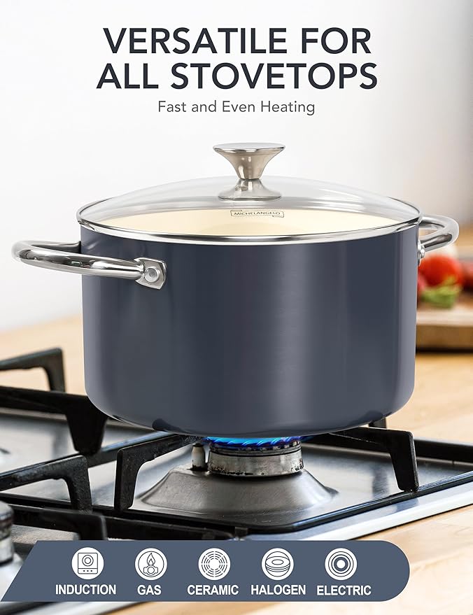 MICHELANGELO 6 QT Ceramic Stock Pot with Lid, Nonstick Stockpot with Glass Lid, Induction Cooking Pot for Soups, Stews, Oven Safe - 6QT, Purple
