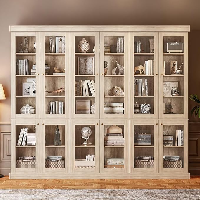 70.8" Tall Brown Bookshelf with Glass Doors, Farmhouse Modular Bookcase with 6-Tier Adjustable Shelves, Large Storage Cabinet for Home Office, Living Room, Set of 4