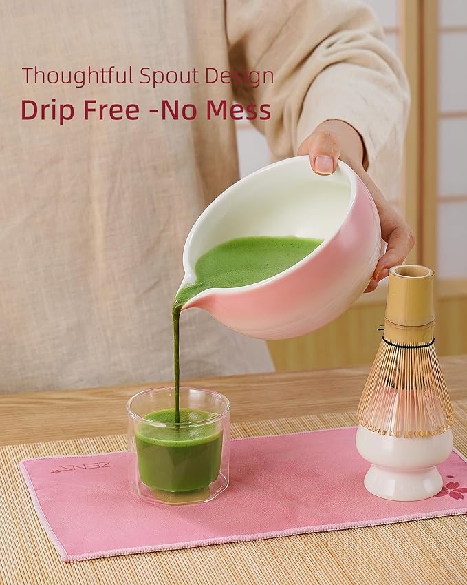 ZENS Pink Matcha Set, 6pcs Matcha Kit Includes Ceramic Bowl, Handcrafted Bamboo Whisk and Chasen Holder, Scoop, 304 Sifter & Tea Mat, Matcha Whisk Set Gift for Matcha Lovers