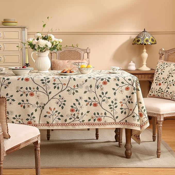 ISAENNE Designer Floral Long Rectangle Tablecloth,French Linen Light Beige Indoor Table Cloth,Fall Wrinkle Resistant Decor Tablecloths for Dining Thanksgiving Kitchen Party,63"*102"-Flora A