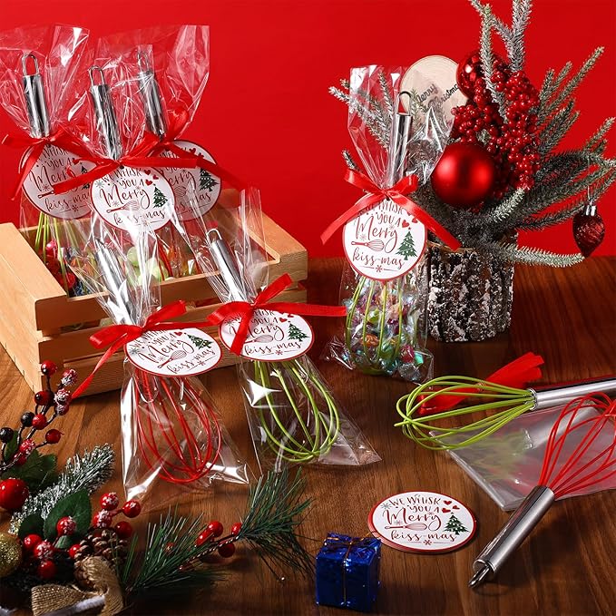 12 Sets 8 Inch Christmas Whisks Gifts DIY Fillable Christmas Tree Ornaments Xmas Colored Silicone Whisks for Cooking Heat Resistant Egg Beaters with Card Rope Bag for Candy Holder