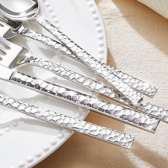 KINGSTONE 20 Piece Hammered Silverware Set, 18/10 Stainless Steel Flatware Set for 4, Cutlery Set for Home, Party, Wedding, Mirror Polished Dishwasher Safe